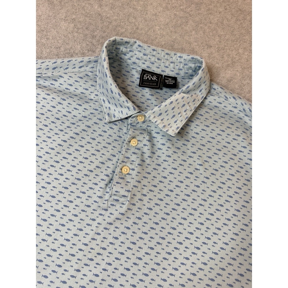 Jos Bank Traveler Polo Shirt Men's XXL Blue Fish Pattern Coastal Golf 100%Cotton